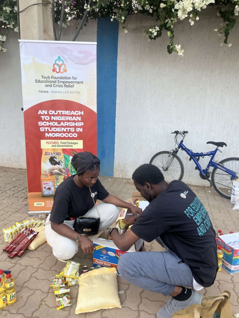 Tayb Foundation Morocco outreach — Organizing rice, oil, pasta, and pantry staples for students