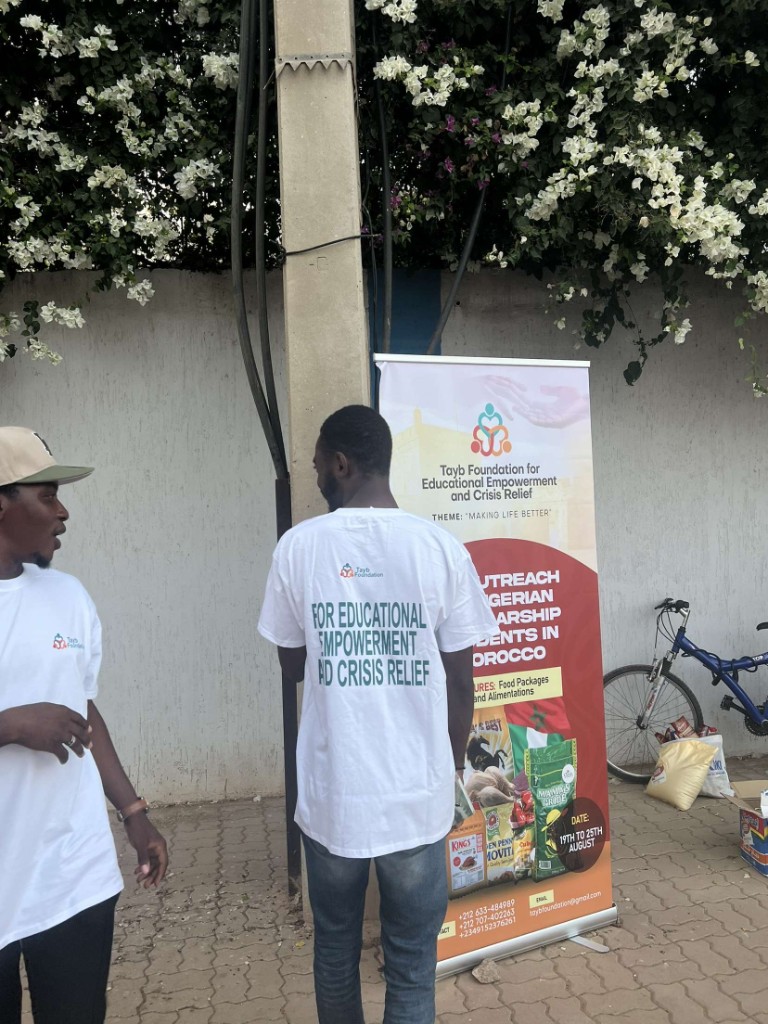 Tayb Foundation Morocco outreach — Organizing rice, oil, pasta, and pantry staples for students