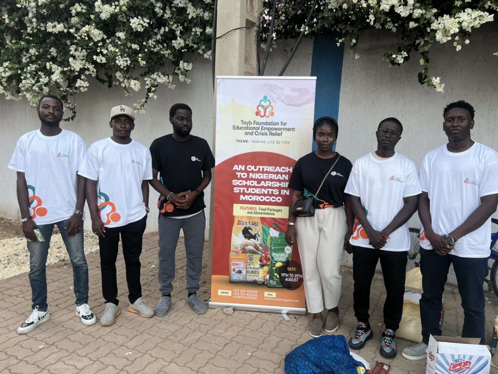 Tayb Foundation Morocco outreach — Organizing rice, oil, pasta, and pantry staples for students