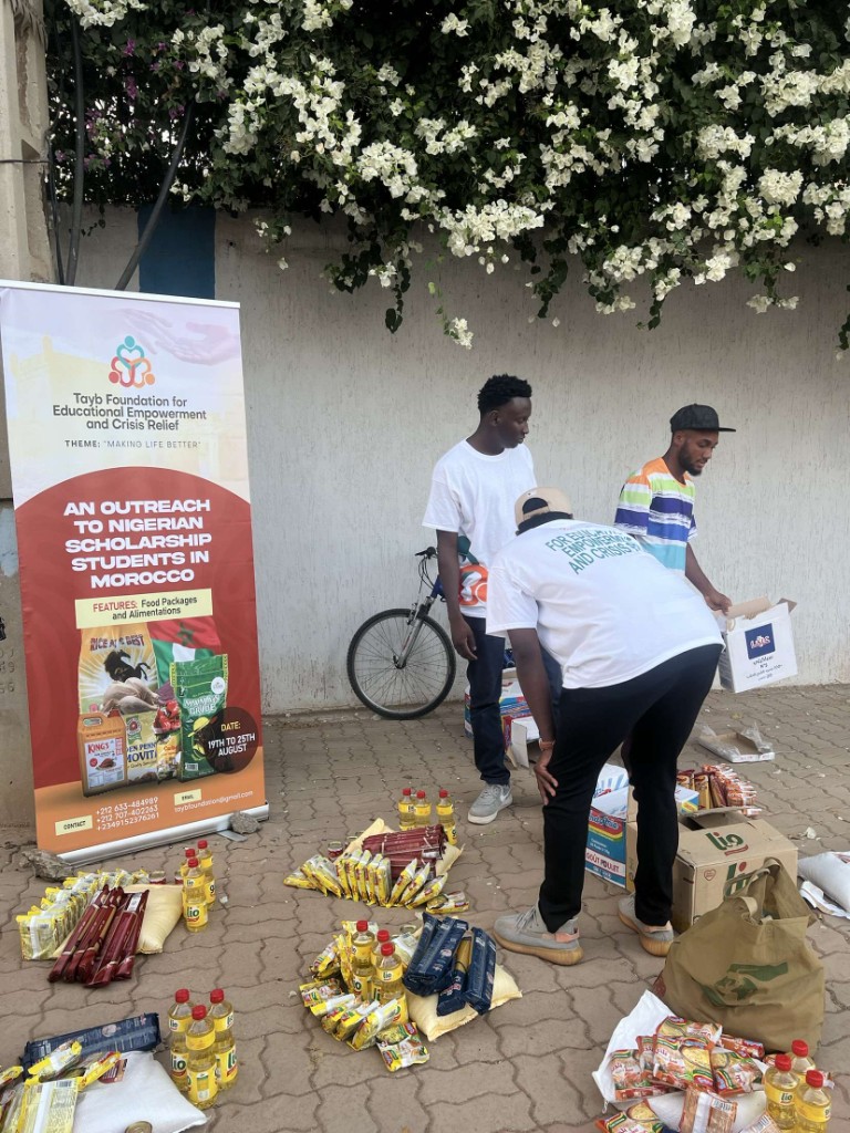 Tayb Foundation Morocco outreach — Outreach supplies including cooking oil, pasta, and staple goods